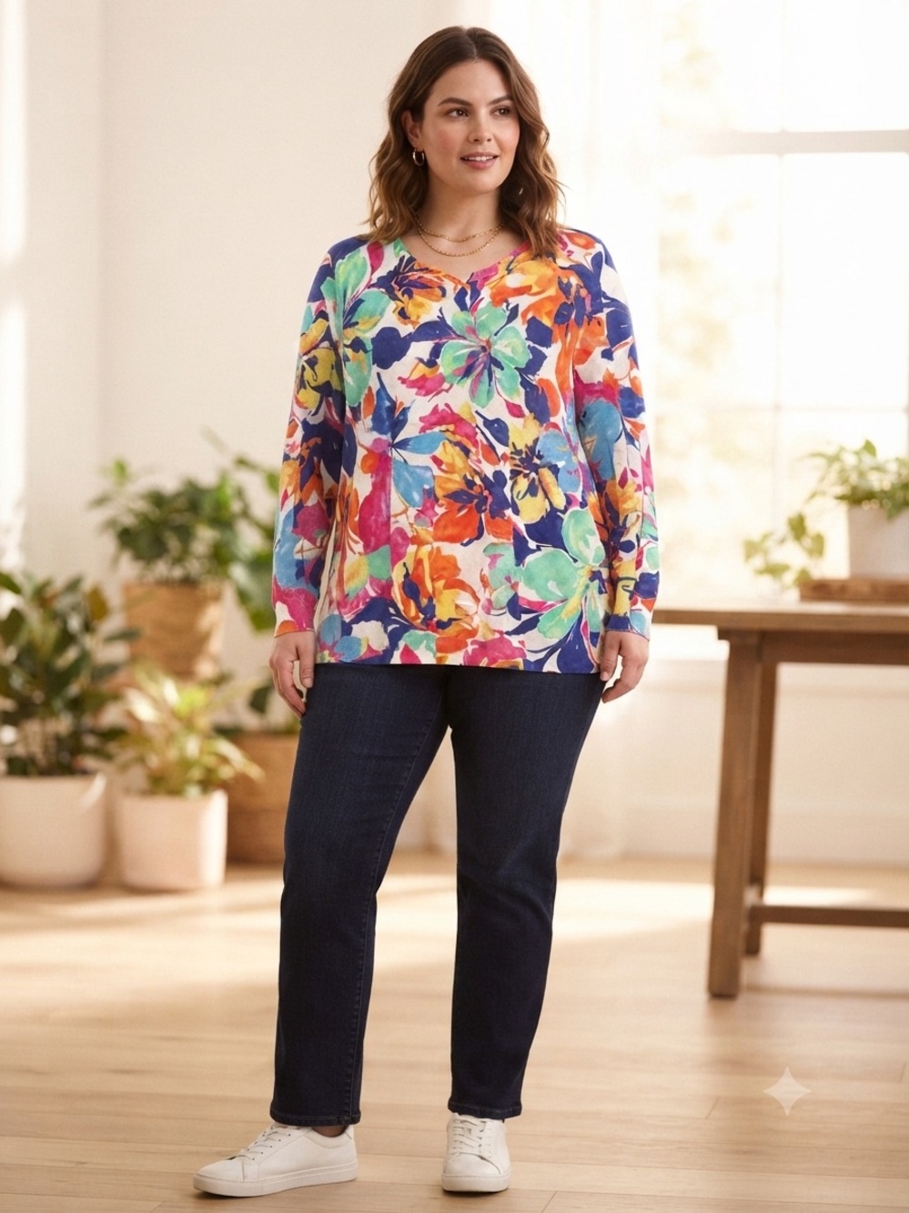 Lauren Ralph Lauren Plus 2X Floral V-Neck Lightweight Knit Sweater Multicolor